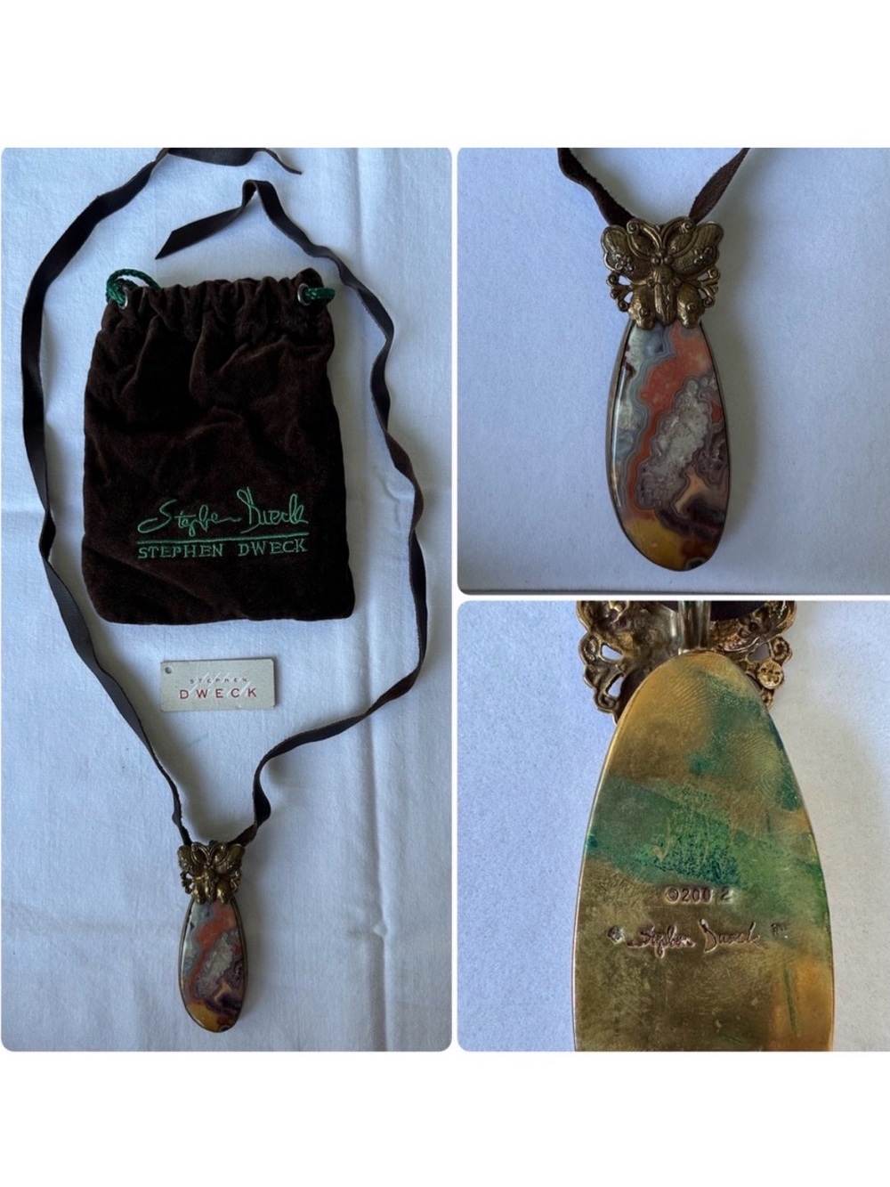 Stephen Dweck Vintage Bronze Butterfly Boulder Opal Pendant Leather Tie Necklace